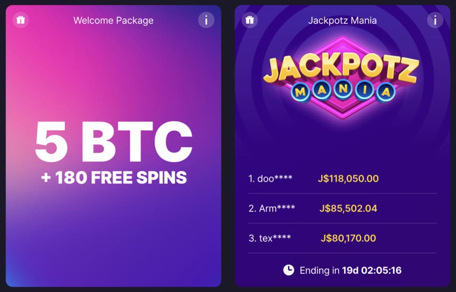 screenshot of welcome bonus and jackpots